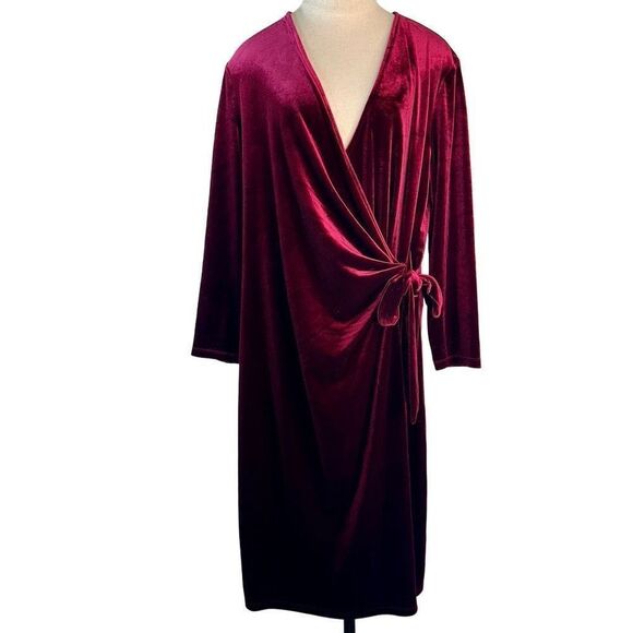 Anne Klein Womens Merlot Red Velvet True Wrap Sheath Dress XL Feminine Glam - Picture 1 of 11